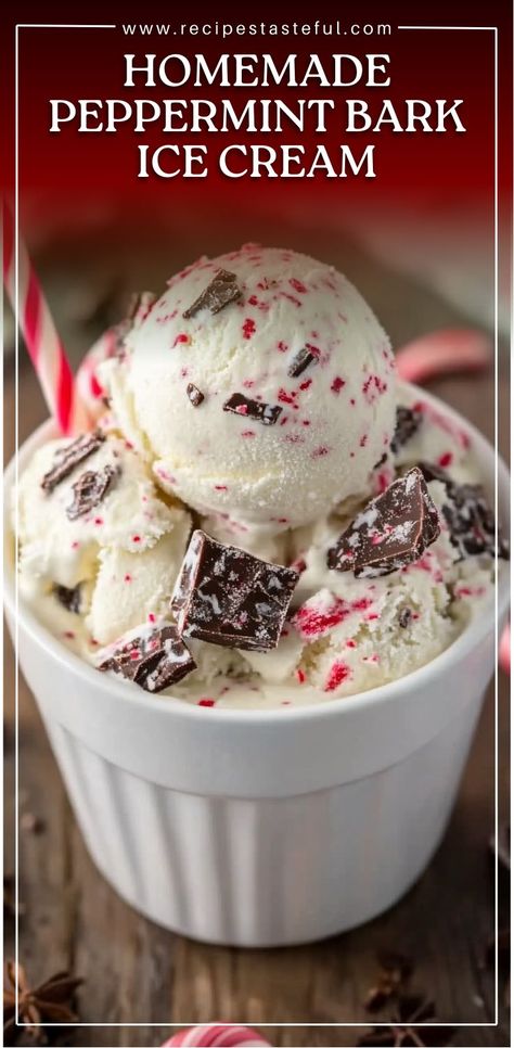 This Homemade Peppermint Bark Ice Cream is a festive, creamy treat that combines the flavors of peppermint, chocolate, and crunchy peppermint bark into one irresistible dessert. The smooth, minty base and the refreshing peppermint crunch make it the perfect ice cream for the holiday season. #PeppermintBarkIceCream #HolidayIceCream #HomemadeIceCream #PeppermintDessert #FestiveTreats #ChristmasIceCream #PeppermintLovers #MintyDesserts #FrozenDesserts Peppermint Bark Ice Cream Recipe, Peppermint Bark Ice Cream, Minty Desserts, Homemade Peppermint Bark, Peppermint Crunch, Peppermint Dessert, Holiday Ice Cream, Christmas Ice Cream, Peppermint Ice Cream