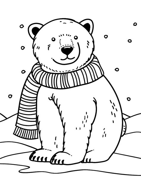 Cozy Polar Bear: A polar bear wrapped in a knitted scarf, looking warm. (Free Printable Coloring Page for Kids) Bear Coloring Pages Free Printable, Polar Bear Coloring Pages, Polar Bear Coloring Page, Polar Bear On Ice, Frog Coloring Pages, Baby Polar Bears, Dragon Coloring Page, Bear Coloring Pages, Coloring Pages Free Printable