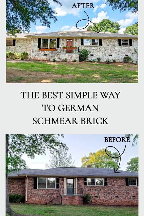 House Exterior German Smear, German Smear Before And After Exterior, German Smear House Exterior, White Smear Brick House, Limewash Rough Brick, German Smear Brick Ranch House, Lime Wash Brick Exterior Houses, Whitewashed Brick Ranch House, Smeared Brick Exterior