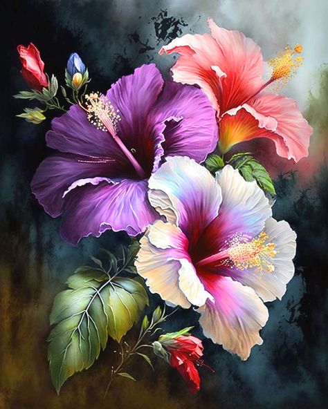 Large Flower Pictures, Diamond Painting Pictures Flowers, Painting Of Hibiscus Flower, Purple Flowers Painting, Hibiscus Painting, Purple Hibiscus, Illustration Kunst, Painting Purple, Beautiful Flower Drawings