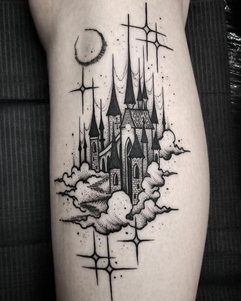 THOMAS E on Instagram: “Wizard hangout in the sky +++++ Thanks lizette! Using @tatsoul #wrathtubes & #envyneedles . . . .” Dark Feminine Tattoos, Siren Tattoo, Feminine Skull Tattoos, Castle Tattoo, Black And Grey Tattoo, Feminine Tattoo Sleeves, Witch Tattoo, Fire Tattoo, Sweet Tattoos