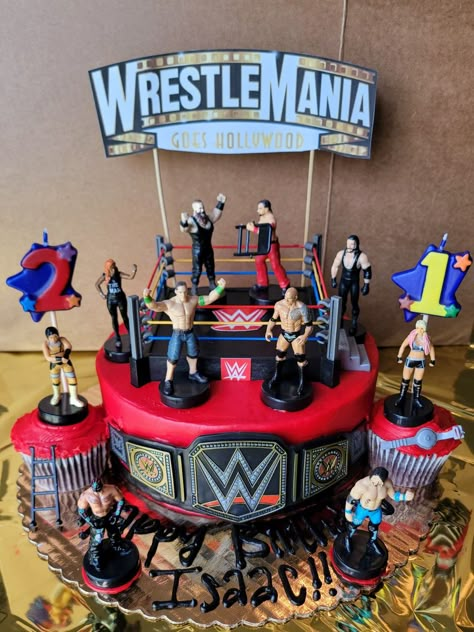 WWE WrestleMania Birthday Cake. WrestleMania 39. WrestleMania goes Hollywood! #JohnCena. #WWE #WWESuperstars. #21stBirthdayCake #Wrestlers. #Wrestling Wrestling Cakes Ideas Birthdays, John Cena Cake Ideas, 40th Birthday Wrestling Theme, John Cena Birthday Cake, Wrestlemania Birthday Party, Wwe Birthday Cakes For Boys, Wwe Birthday Party Ideas Cake, Wwe Theme Party, Wwe Birthday Party Ideas Decoration