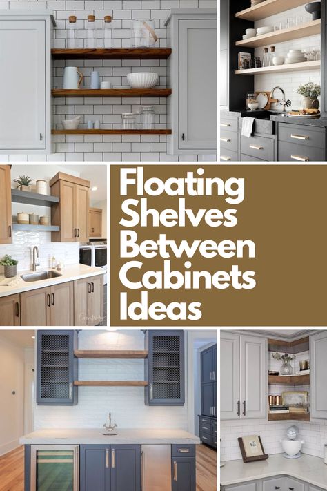 Maximize your kitchen space with these 23 brilliant floating shelf ideas! Perfect for filling the gap between cabinets, these shelves add both storage and style to your compact kitchen. From sleek modern designs to rustic charm, discover creative ways to showcase your essentials or decor. Whether you're short on space or just love a clean, organized look, these ideas will inspire you to transform your kitchen into a functional and stunning space. Dive into the guide for all the details! Floating Shelves On Side Of Kitchen Cabinet, Open Shelf Between Cabinets, Kitchens With Shelves For Upper Cabinets, Shelf Under Cabinets In Kitchen, Corner Open Shelves Kitchen, Shelves In Kitchen Instead Of Cabinets, Floating Shelves Between Cabinets, Small Kitchen Shelving Ideas, Shelves Between Cabinets