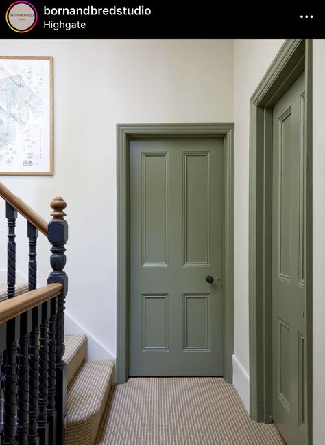 Hall And Landing Paint Ideas, Green Contrast Trim, Hallway Wall Colors, Hallway Paint, Hallway Door, Painted Interior Doors, Hallway Colours, Green Hallway, Door Paint Colors