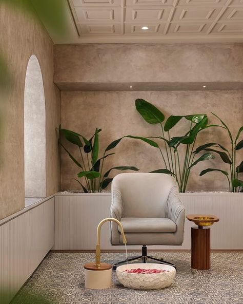 KAAS Design Studio on Instagram: "| The Pedicure Station | Accentuated space of the salon is this handcrafted pedicure station. Situated amidst other salon services, this area is carved out in the centre of the salon, making it accessible to every passing user. A monolithic texture, stone finished basin, play of printed tiles and an articulated ceiling unfolds a sense of luxury to this space. . . Photo credits @ishashahstudio . . . #kaasdesignstudio #architecture #design #interiordesign #art Salon Earthy Decor, Earthy Nail Salon Decor, Luxury Nail Salon Interior Design Pedicure Station, Nail Art Interior Design, Luxury Manicure Salon, Pedicure Salon Design, Pedicure Interior Design, Salon Basin Area, Luxury Pedicure Station