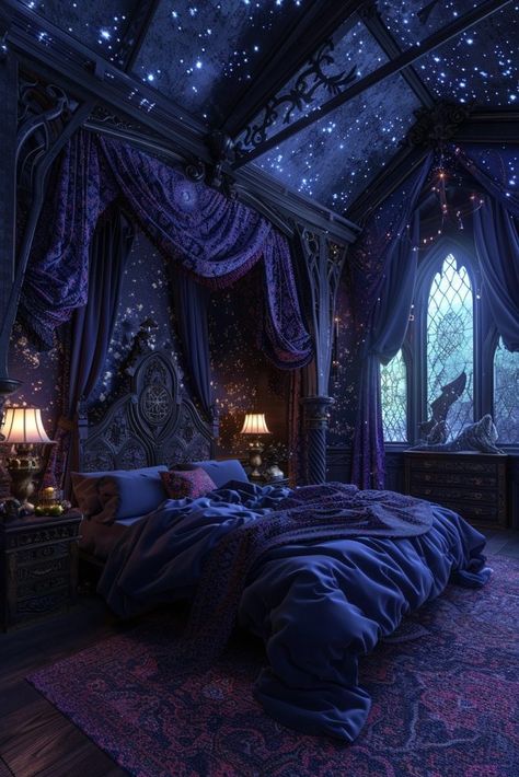 Goth Bedroom Canopy Bed, Cute Goth Bedroom Ideas, Gothic Canopy Bed Romantic, Dark Princess Bedroom, Dark Fantasy Bedroom Ideas, Mystical House Decor, Gothic Fairycore Bedroom, Gothic Interior Design Bedroom, Dark Home Ideas