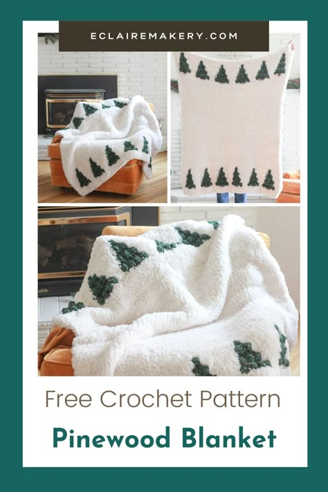 Cuddle up with the coziest blanket ever: the Pinewood Blanket, a free crochet blanket pattern! Made from faux fur, and featuring adorable chunky bobble pine trees, it's the perfect crochet blanket to use this winter. This free crochet blanket uses intarsia crochet to create the bobbles, and has a nice and easy construction. Find the free pattern on my blog by clicking this pin. #freecrochetblanket #crochetblanketpattern #christmascrochetblanket #crochetchristmaspattern #crochetblanket Christmas Crochet Blanket, Crochet Throw Pattern, Crochet Tree, Confection Au Crochet, Crochet Blanket Designs, Crochet Simple, Holiday Crochet, Crochet Patterns Free Blanket, Haken Baby