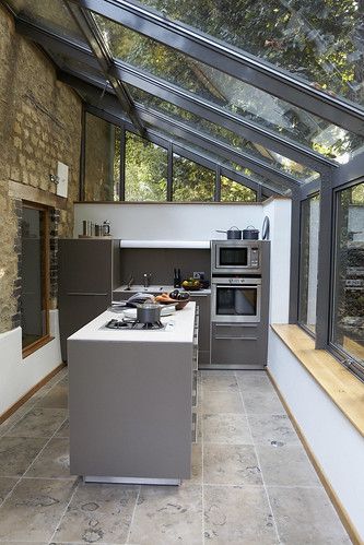 Farmhouse Kitchen Extension | This industrialised kitchen ex… | Flickr Conservatory Kitchen Ideas, Terrasse Med Tak, Stainless Steel Kitchen Design, Extension Veranda, Conservatory Kitchen, Desain Pantry, Glass Extension, White Cabinetry, Glass Roof