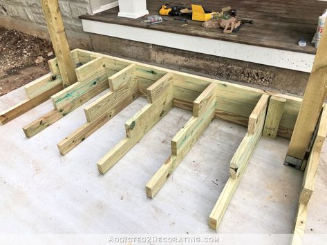 Box Stairs Deck, How To Build Front Porch Steps, Build Porch Steps, Diy Front Door Steps, Building Steps Front Porches, How To Build A Step, How To Build Deck Steps, Diy Porch Build, Easy Deck Stairs