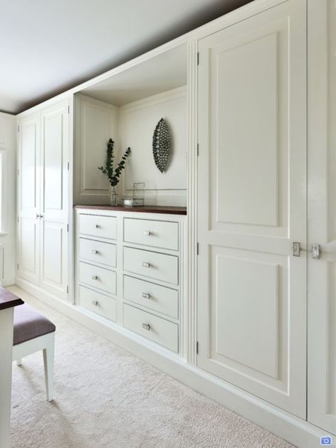 Dressing room Built Ins Next To Doorway, Bedroom Built Ins Around Tv, Bedroom Wall Units Built Ins Master Closet, Built In Drawers In Wall, Wall Closet Designs, Full Wall Closet, Built In Dresser In Bedroom, Built In Bedroom Cabinets, Bedroom Closet Ideas