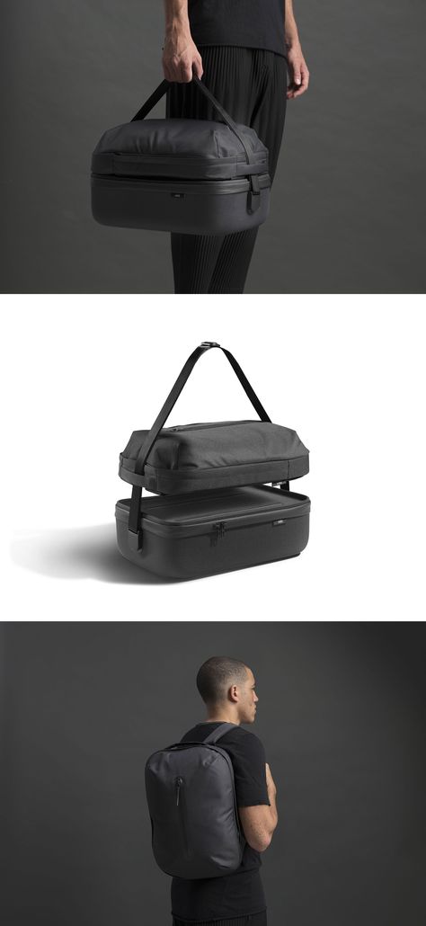 An ingenious modular backpack and travel bag design you’ll want to take with you everywhere.  Established by Hong Kong-based studio Pinn, Oda is a new brand that aims to make products for better living, working, and traveling. Their first product fulfills all of these goals, and then some. Designed by Benjamin Hubert of London-based @layer_design, Hop is a cleverly engineered modular backpack and travel bag system that effectively provides a 3-in-1 product.  #productdesign #minimal #travelbag Innovative Bag Design, Modular Bag Design, Modular Product Design, Cyberpunk Bag, Travel Bag Design, Backpack Design Concept, Futuristic School, Modular Clothing, Modular Bag