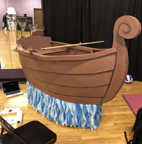 I like the water effect. Balled up cellophane for sparkle water effect? Cardboard Box Boats, The Little Mermaid Musical, Boat Props, Little Mermaid Musical, Wizard Of Oz Decor, Cardboard Boat, Under The Sea Decorations, Dance Props, Little Mermaid Costume