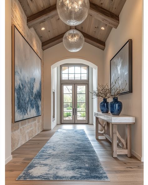 Instagram Lake House Entryway, Wide Entrance Hall Ideas, House Foyer Ideas, Coastal Foyer Entryway, Large Foyer Ideas Entryway, Interior Design Foyer, Organic Modern Entryway, Large Foyer Ideas, Coastal Foyer