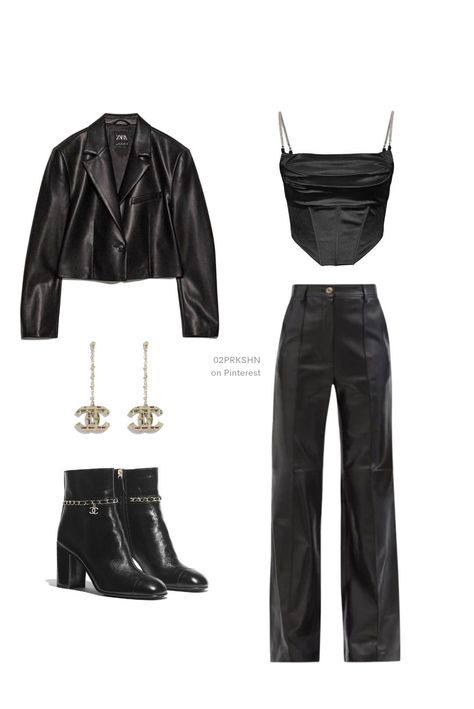 black leather jacket
black leather corset top
Chanel boots 
black leather pants
Chanel necklace
all black outfit
leather outfit Mafia Looks Women, Mafia Girls Aesthetic Outfit, Mafia Lady Outfit, Estilo Vamp, Mafia Girl Outfits, Mafia Women Outfits, Mafia Outfits Female, Classy Goth Outfits, All Black Leather Outfit