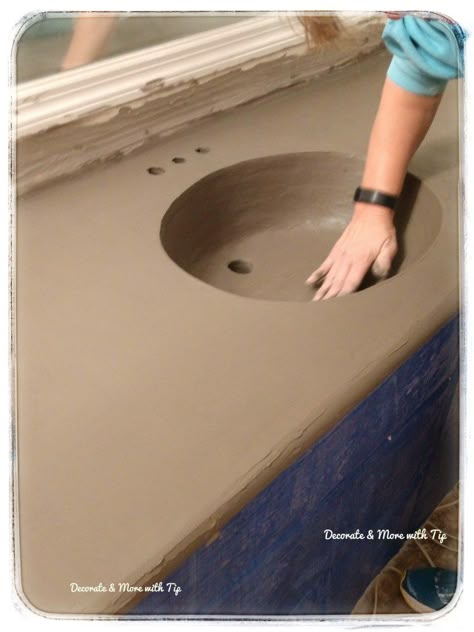 DIY CONCRETE OVERLAY VANITY COUNTER TOP - Decorate & More with Tip Cement Bathroom Countertops, Diy Concrete Overlay, Countertop Overlay, Painting Bathroom Countertops, Bathroom Concrete Countertops, Bathroom Countertops Diy, Concrete Vanity Top, Cement Countertops, Concrete Bathroom Sink