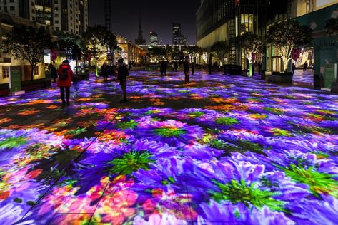 miguel chevalier put his digital green fingers to work, bringing to bloom a garden of virtual blossoms for shanghai\'s jing an kerry center. Digital Garden, Garden Of Lights, Landscape Lighting Design, Virtual Flowers, Interactive Installation, Projection Mapping, Flower Lights, Light Installation, Light Show