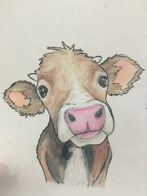 Cow Tutorial Drawing, Cow Sketch Cute, Easy Painting Animals, Drawing Ideas Easy Cow, Watercolor Art Animals Easy, Cow Drawing Sketch, Funny Cow Drawing, Aesthetic Cow Drawing, Cows To Draw