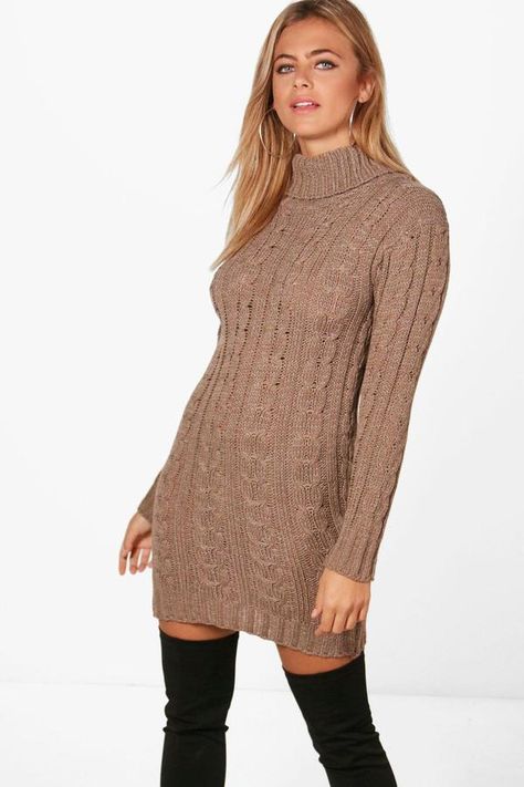 boohoo Lottie Cable Knit Jumper Dress.  #shopping #deals #ad #fashion Cable Knit Jumper Dress, Roll Neck Jumper Dress, Chunky Cable Knit Cardigan, Mini Tunic Dress, Cable Knit Dress, Knitted Jumper Dress, Wool Sweater Dress, Cable Knit Sweater Dress, Latest Sweater