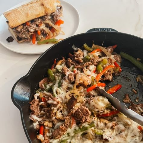 Cheesesteak Skillet - Brocc Your Body Philly Cheese Steak Skillet, Cheese Steak Skillet, Philly Cheesesteak Skillet, Cheesesteak Skillet, Steak Skillet, Philly Cheese Steak Sandwich, Skillet Steak, Cheese Steak Sandwich, One Skillet Meals