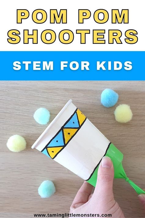 How to Make a Pom Pom Shooter. This is a fun STEM activity for preschool and kindergarten kids to make. #stem #preschool #kindergarten Teach The Teacher Project Ideas For Kids, Steam Ideas For Kindergarten, Preschool Inventors Activities, Sensory Stem Activities, Stem Club Ideas, Stem Activity For Preschool, 1st Grade Stem Projects, Steam Club Activities, Steam Activities Elementary Kindergarten