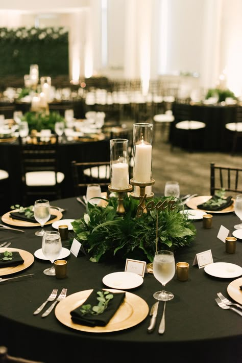 Emerald And Black Centerpieces, Black Green Gold Wedding Bridesmaid Dresses, Black Gold And Green Centerpiece, Black And Gold Vintage Wedding, Chic Moody Wedding, Black Gold And Green Wedding Decor, Emerald Table Decor Wedding, Green Black And Gold Wedding Decor, Sage Gold Black Wedding