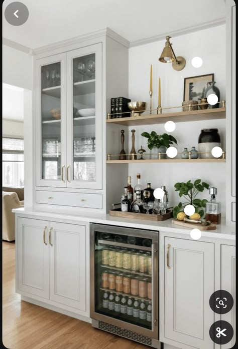 Built In Buffet With Wine Fridge, Built In Buffet Dining Room, Dining Room Built In Buffet, Built In Sideboard, Shelves On The Wall, Dining Room Coffee Bar, Kitchen Built Ins, Dining Room Built Ins, Craftsman Remodel