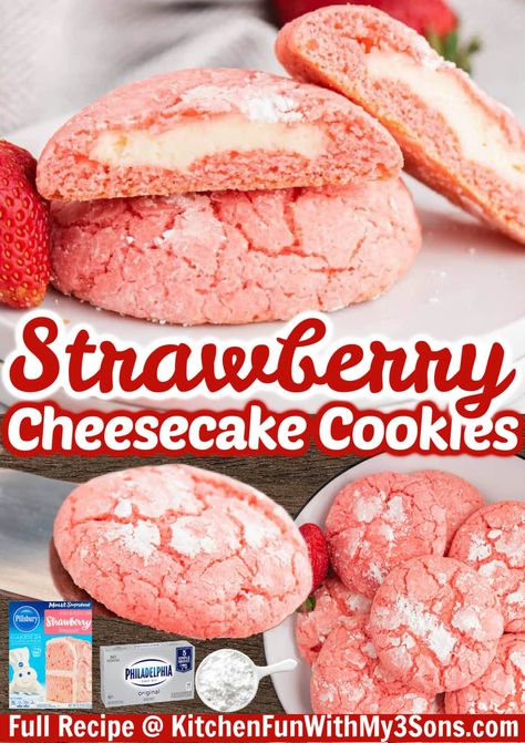 These Strawberry Cheesecake Cookies are soft, chewy strawberry cake mix cookies filled with creamy cheesecake. Quick and easy with only 5-ingredients! Cake Mix Cookies Cream Cheese, Cheesecake Cake Mix Cookies, Box Strawberry Cake, Cookies From Cake Mix Recipes, Cake Mix Cookies Recipes, Valentines Dessert Ideas, Strawberry Cream Cheese Cookies, Strawberry Cheesecake Cake, Strawberry Valentines