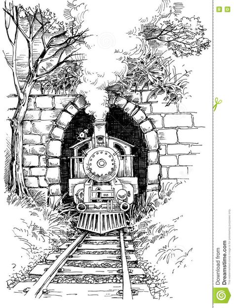 Train Drawing, Landscape Pencil Drawings, Pen Art Work, Pen Art Drawings, Train Art, Art Drawings Sketches Pencil, Architecture Drawing Art, Steam Train, Landscape Drawings