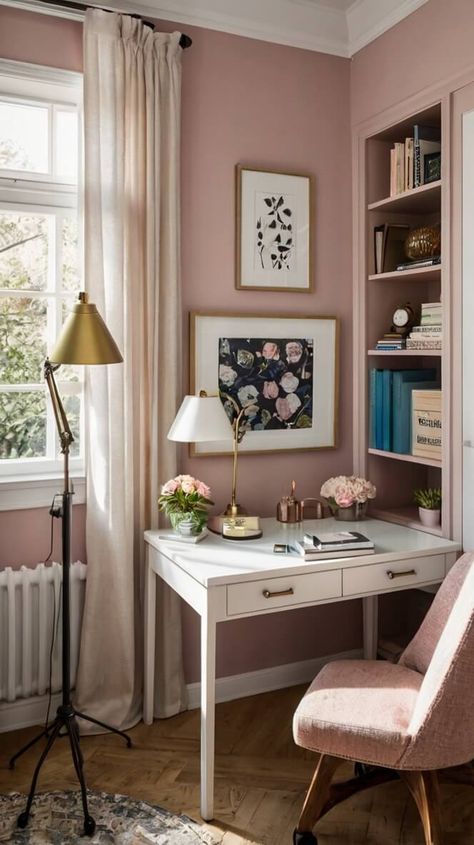 Office Room Ideas For Women, Dusty Rose Office Walls, Mauve Office Ideas, Pink And Grey Office, Mauve Office, Blush Pink Office, Home Office In Bedroom, Female Home Office, Small Home Office Ideas For Women