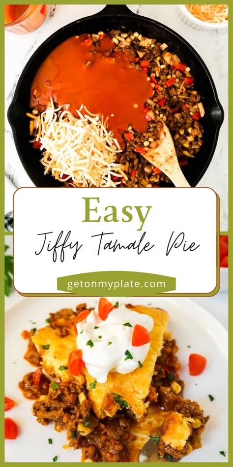 This Easy Jiffy Tamale Pie is a simple, super flavorful one-pan meal! A delicious mixture of meat, veggies, and enchilada sauce is topped with an easy, cheesy cornbread (from Jiffy mix!), then baked until golden brown. Pile on your favorite toppings and enjoy! This dish can also be made ahead and frozen and is perfect for busy weeknights! Jiffy Tamale Pie Recipe, Tamale Pie With Jiffy Cornbread, Jiffy Tamale Pie, Easy Tamales, Mexican Recipies, Tamale Pie Recipe, Bean And Cheese Burrito, Cheese Burrito, Cheesy Cornbread