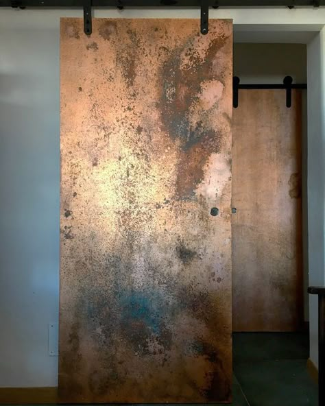 Copper Interior Design, Metal Barn Door, Industrial Barn Door, Copper Interior, Rustic Barn Door, Interior Design Per La Casa, Hallway Ideas Entrance Narrow, Industrial House, Entrance Hallway