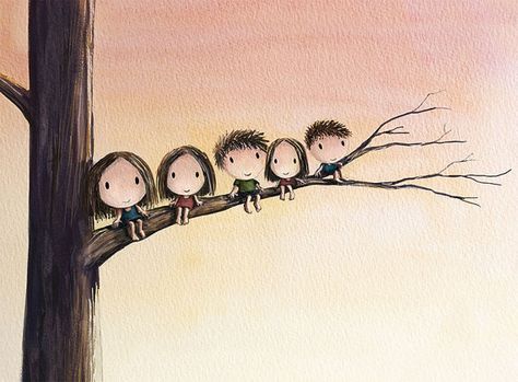 the thinking tree 3 sisters 2 brothers climbing by TummyMountain Sibling Art, Brown Artwork, 2 Brothers, Family Of Five, Illustration Photo, Nelson Mandela, Family Art, Beautiful Textures, Cartoon Pics