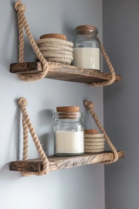 "Bring creativity to your walls with a DIY Rope Hanging Shelf! 🛠️📚 Perfect for showcasing your favorite items in a stylish way. 🌟✨ #DIYStorage #HomeInspiration #HangingShelf" Rope Shelf Decor, Rope Storage Ideas, Boat Rope Decor, Rope Room Decor, Hanging Rope Shelf, Bedroom Shelves Diy, Rope Shelf Diy, Homemade Shelves Diy, Drivved Ideas