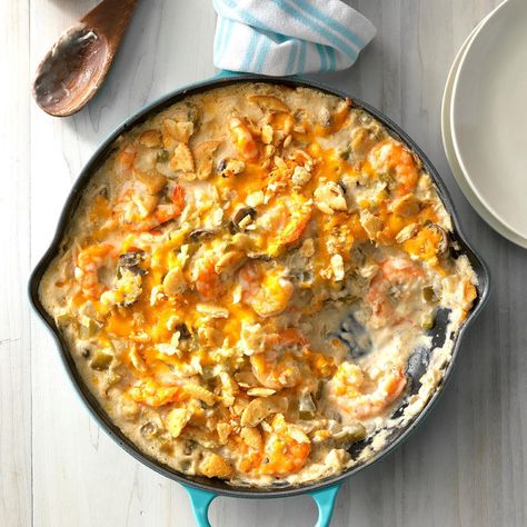 My sister-in-law shared this recipe when I first moved to Louisiana. It's been handed down in my husband's family for generations. It's quick to prepare, nutritious and beautiful. I've passed it on to my children, too.—Ruby Williams, Bogalusa, Louisiana Blend Of The Bayou Casserole, Bayou Recipes, Bayou Pasta, Seafood Skillet, Cajun Casserole, Southern Casseroles, Fat Tuesday Food, Crab Casserole, Fish Friday