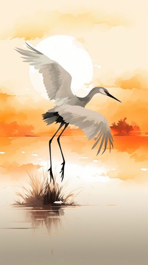 Flying crane with sunset chinese brush animal heron bird. | free image by rawpixel.com / Milk Great Egret Drawing, Flying Cranes Painting, Sand Crane Painting, Heron Drawing Illustration, Blue Heron Paintings, Heron Painting Acrylic, Crane Painting Acrylic, Sandhill Crane Drawing, Flying Crane Tattoo