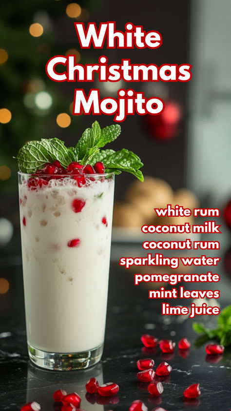 White Christmas Mojito White Christmas Cocktails Easy, Santa Claus Cocktail, Christmas Alcoholic Beverages, Coconut Christmas Mojito, White Christmas Mojito Recipe, Christmas Mojito Holiday Cocktails, Christmas Day Drinks, Mixed Drinks Alcoholic Christmas, Christmas Beverages Alcoholic