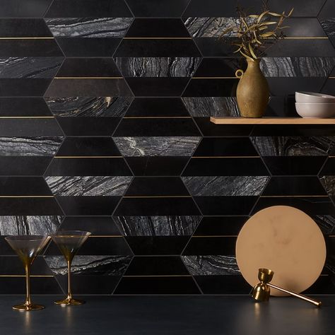 Buy Margo Black and Gold 9 inch Hexagon Polished Nero Marquina Marble and Brass Mosaic Tile | TileBar.com Black And Gold Tile Backsplash, Black And Gold Backsplash Kitchen, Black And Gold Backsplash, Black And Gold Tile, Dream Architecture, Agate Tile, Hexagon Marble Tile, Wet Bar Designs, Black Hexagon Tile