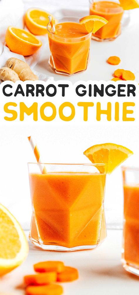 Smoothie With Ginger, Carrot Smoothie Recipe, Carrot Ginger Smoothie, Recipe With Ginger, Quick Smoothie Recipes, Drink Breakfast, Healthy Smoothie Recipe, Carrot Smoothie, Orange Smoothie