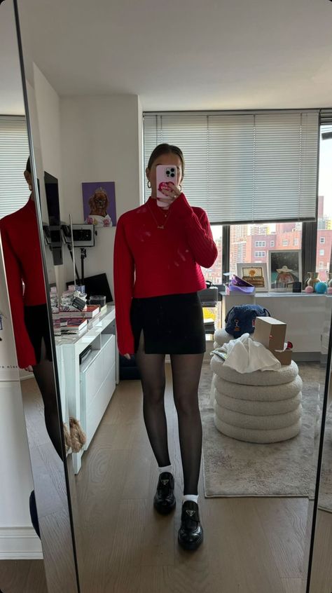 Red Top Winter Outfits, Red Sweater With Black Skirt, Red Mary Janes Outfit Winter, Red Sweater Black Skirt Outfit, Sweater Rojo Outfit, Red Cropped Sweater Outfit, Turtleneck With Shirt Over, Red Skirt Outfit Aesthetic, Red Top Black Skirt