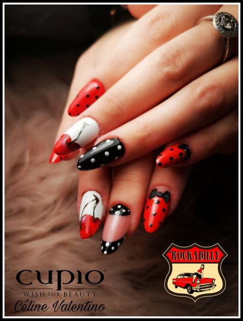 Rockabilly Nail Art, Rockabilly Nails Designs, Vintage Nails Design Retro, 50s Nails, Nails Rouge, Elegant Manicure Designs, Pin Up Nails, Rockabilly Nails, Rockabilly Mode