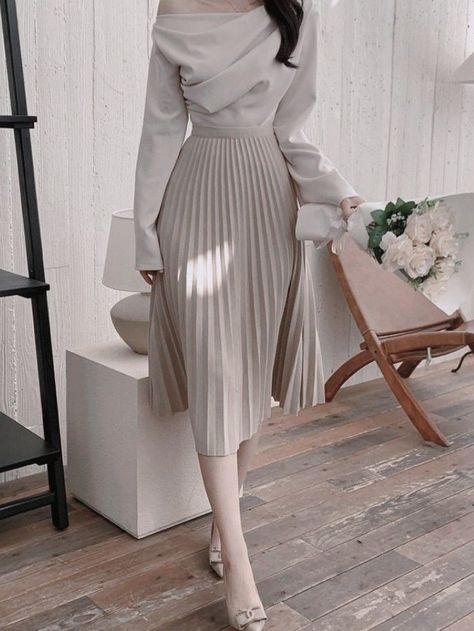 Shop this look, #ad Korean Fashion Classy Chic, Feminine Dresses Classy Chic, Pretty Elegant Outfits, Korean Modest Fashion Aesthetic, Classy Outfit Korean, Korean Style Work Outfit, Classy Korean Fashion, Korean Cute Outfits Skirts, Korean Dress Outfit Elegant