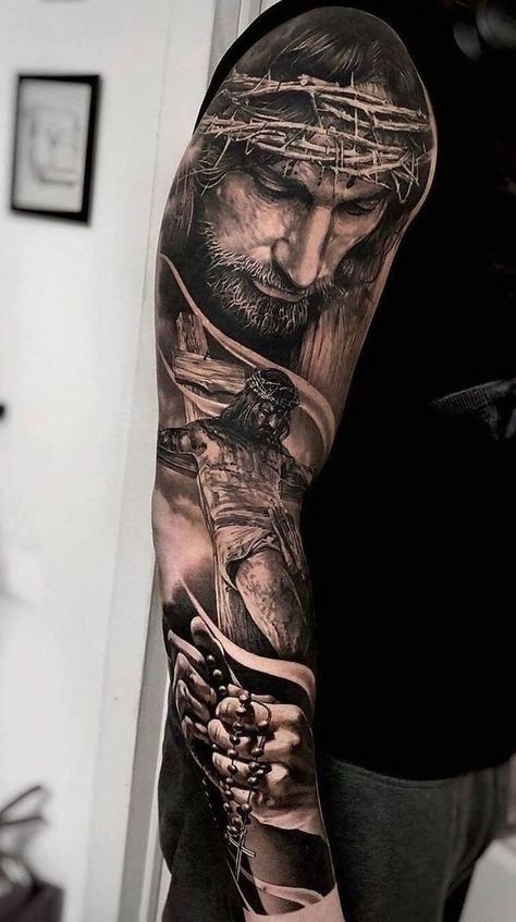 Jesus Hand Tattoo, Jesus Tattoo Sleeve, Religous Tattoo, Religious Tattoo Sleeves, Christus Tattoo, Religion Tattoos, Ram Tattoo, Heaven Tattoos, Christ Tattoo