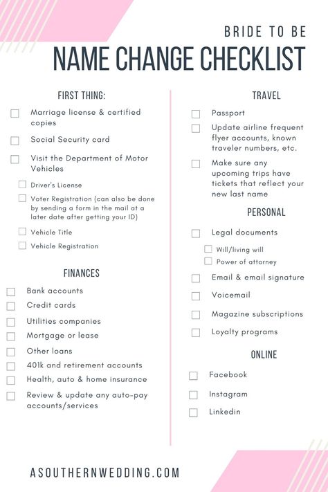 Don't get overwhelmed by all of the steps to change your name after getting married. We've broken it down into an easy to follow guide and printable checklist to make sure the process to change your name after your wedding is as simple as possible! #weddingtips #bridetips #weddingplanning #weddingplanner #weddingplanningtips #weddingplanningguide #planyourwedding #weddinginspo Changing Your Name Checklist, Change Name Checklist, Wedding Step By Step Planning, Wedding Name Change Checklist, Who To Tip At Your Wedding, Steps To Getting Married, Last Name Change Checklist, Steps To Change Name After Marriage, Wedding Clean Up