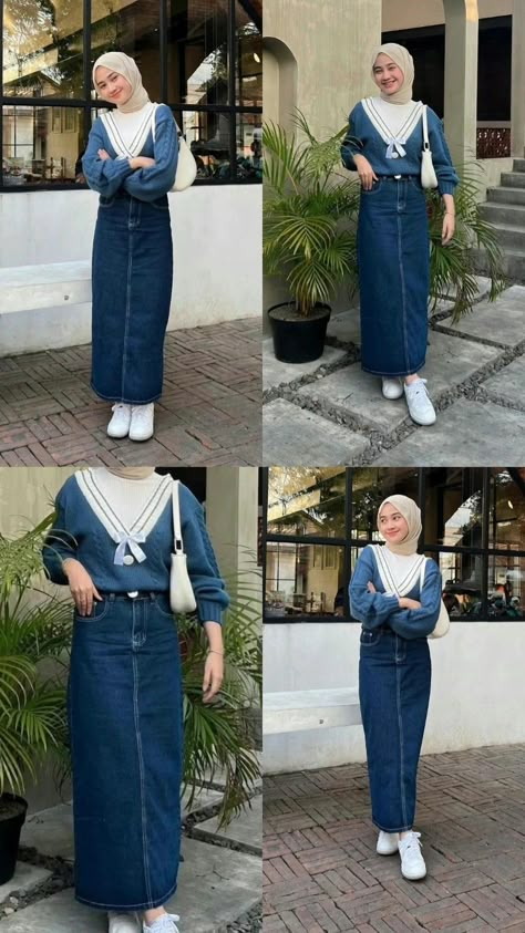 Klik Gambar Lalu Pilih No. 06 Outfit Hijab Casual Rok, Ootd Rok Jeans, Ootd Korean Style, Rok Outfit, Ootd Hijab Casual, Outfit Hijab Casual, Outfit Korean Style, Muslim Outfits Casual, Tutorial Hijab