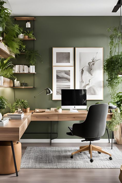 Small Office Ideas With Standing Desk, Coworking Home Office, Work From Home Room Setup, Home Office Ideas Guest Room, Work From Home Office For Two, Green Office Room Ideas, Office Aesthetic Green, Inspiring Office Decor, Work Study Aesthetic