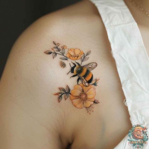 Flower Tattoos For Shoulder, Bee Back Tattoo Women, Bee Moon Flower Tattoo, Fairy Flower Tattoos For Women, Matching Garden Tattoos, Bumblebee And Flower Tattoo, Small Bumble Bee Tattoo Cute, Bee Daisy Tattoo, Whimsical Bee Tattoo