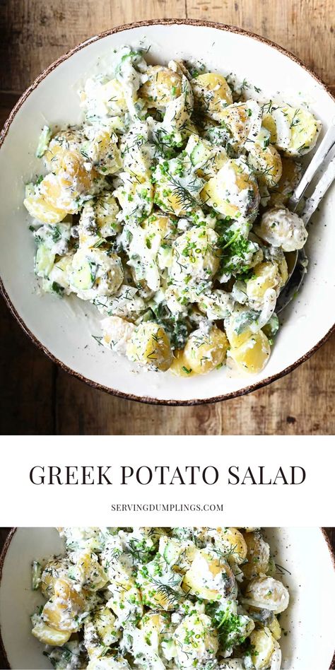 Hummus Potato Salad, Potato Salad Japanese, Potato Salad Dinner Ideas, Greek Potatoes Salad, Protein Potato Salad, Fresh Potato Salad, Greek Potato Salad Recipe, Spring Food Ideas Dinner, Greek Yogurt Potato Salad