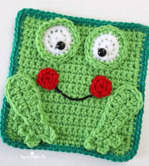 Ribbit, Ribbit! This Frog Crochet Square is jumping in as the next piece to our Animal Square Crochet-Along! Frog Granny Square, Potholder Patterns Free, Granny Square Pattern Free, Crochet Flower Scarf, Crocheted Squares, Frog Crochet, Crochet Toys Free Patterns, Repeat Crafter Me, Granny Square Crochet Patterns Free