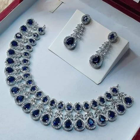 Sapphire Necklace Indian, Sapphire Jewelry Set, Blue Diamond Jewelry, Unique Wedding Jewelry, Blue Jewelry Set, Bridal Jewellery Inspiration, Bridal Jewelry Sets Brides, Pakistani Bridal Jewelry, American Diamond Jewellery