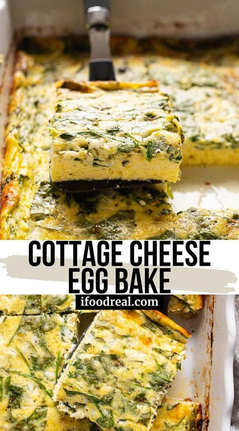 High protein Cottage Cheese Egg Bake with a fluffy blend of eggs, cheese, and spinach. Only 7 ingredients, perfect for meal prep or Holidays! Keto Savory Breakfast, Cottage Cheese Spinach Egg Bake, Sheet Pan Eggs With Cottage Cheese, Egg And Cottage Cheese Casserole, Egg Cottage Cheese Casserole, Eggs Cottage Cheese Breakfast, High Protein Breakfast Bake, Egg Casserole With Cottage Cheese, Baked Cottage Cheese Eggs